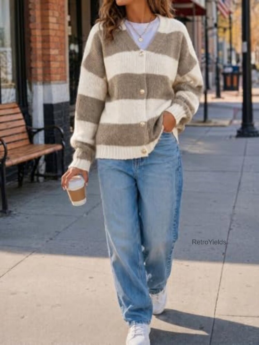 Striped Open Front Cardigan Sweater V-Neck Button Down Knit - Picture 4 of 5